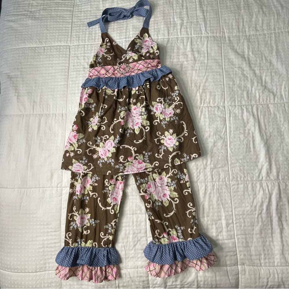 Vintage Couture Shabby Chic Floral Halter Wide Leg Ruffle Outfit Girls 10
